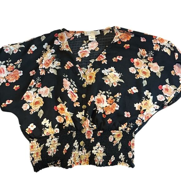 Planet Gold Junior's Smocked Floral Print Top Black Size X-Large - Picture 9 of 9